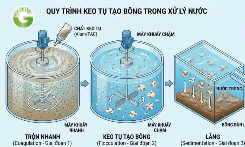 Có nhiều giai đoạn trong quá trình keo tụ và tạo bông